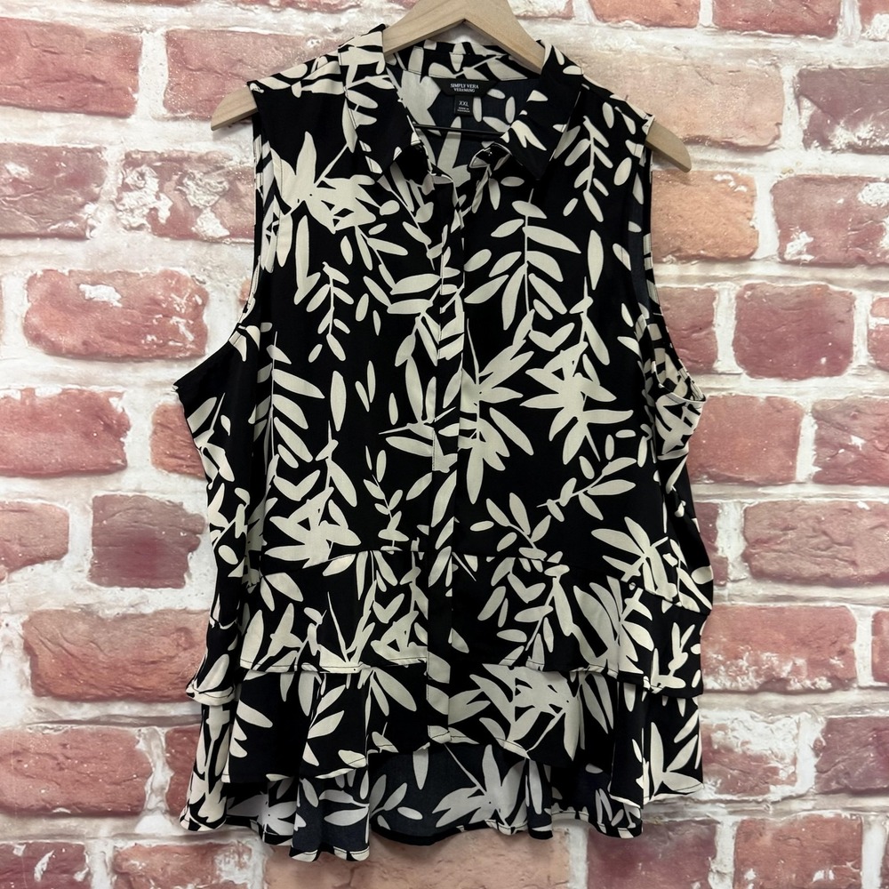 Simply Vera Wang Top Womens XXL Black Cream Shadow Leaves Ruffle Button Up Shirt - Picture 2 of 9